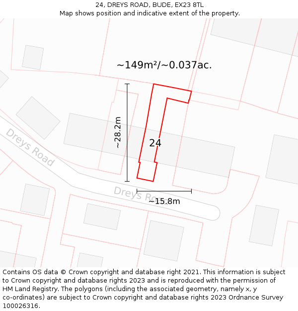 24, DREYS ROAD, BUDE, EX23 8TL: Plot and title map