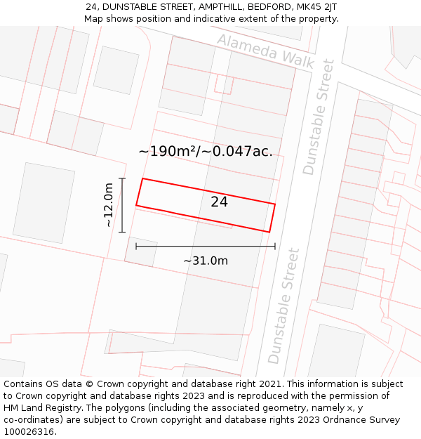 24, DUNSTABLE STREET, AMPTHILL, BEDFORD, MK45 2JT: Plot and title map