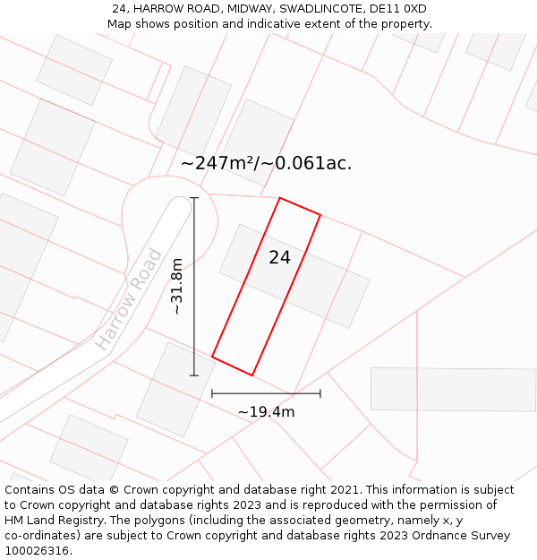 24, HARROW ROAD, MIDWAY, SWADLINCOTE, DE11 0XD: Plot and title map