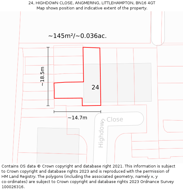 24, HIGHDOWN CLOSE, ANGMERING, LITTLEHAMPTON, BN16 4GT: Plot and title map