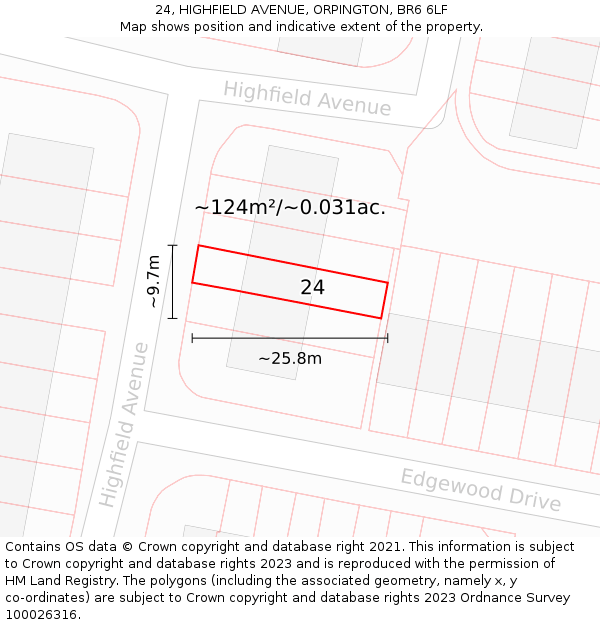 24, HIGHFIELD AVENUE, ORPINGTON, BR6 6LF: Plot and title map
