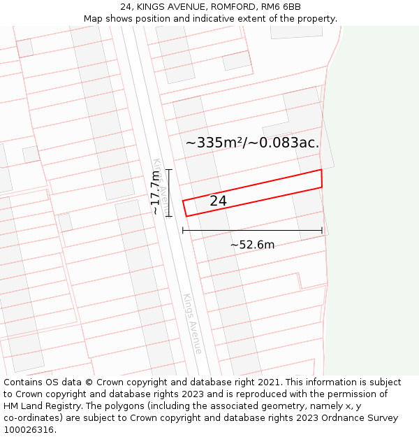 24, KINGS AVENUE, ROMFORD, RM6 6BB: Plot and title map