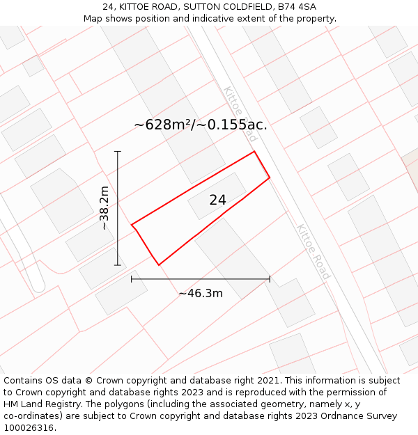 24, KITTOE ROAD, SUTTON COLDFIELD, B74 4SA: Plot and title map