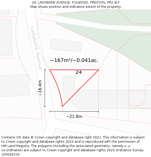 24, LADYBANK AVENUE, FULWOOD, PRESTON, PR2 9LY: Plot and title map