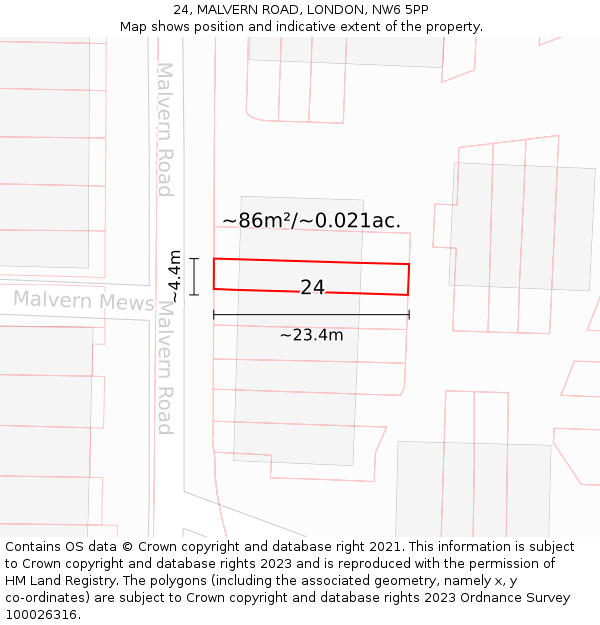 24, MALVERN ROAD, LONDON, NW6 5PP: Plot and title map