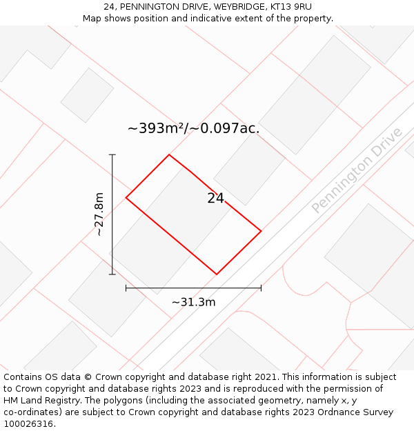 24, PENNINGTON DRIVE, WEYBRIDGE, KT13 9RU: Plot and title map