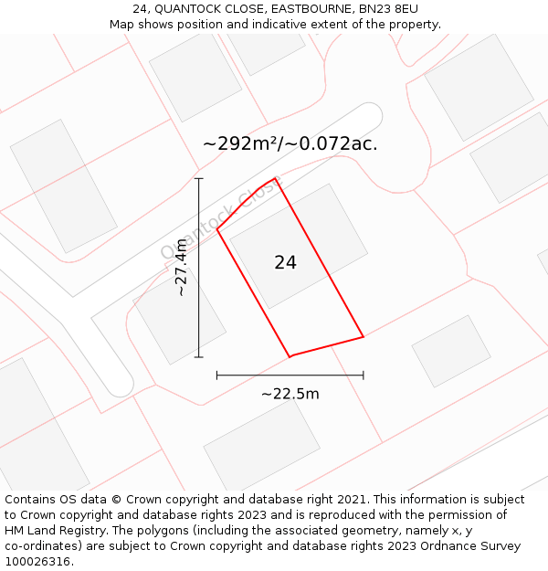 24, QUANTOCK CLOSE, EASTBOURNE, BN23 8EU: Plot and title map