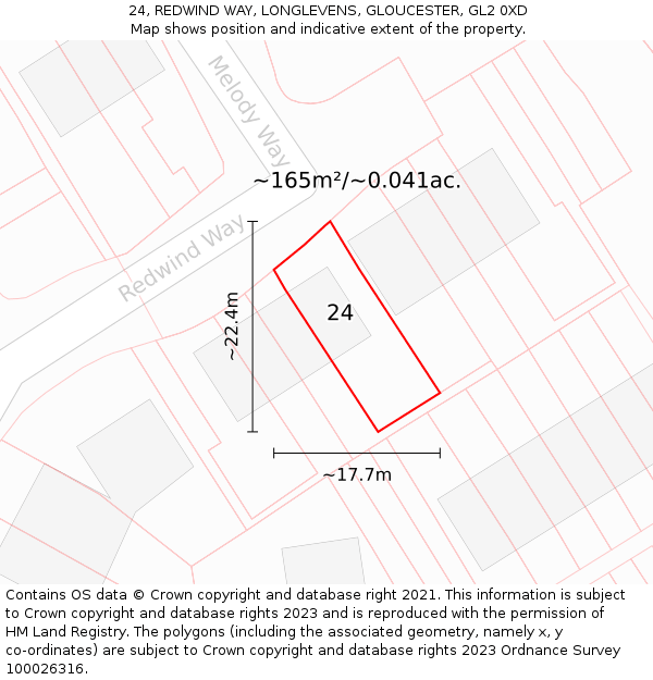 24, REDWIND WAY, LONGLEVENS, GLOUCESTER, GL2 0XD: Plot and title map