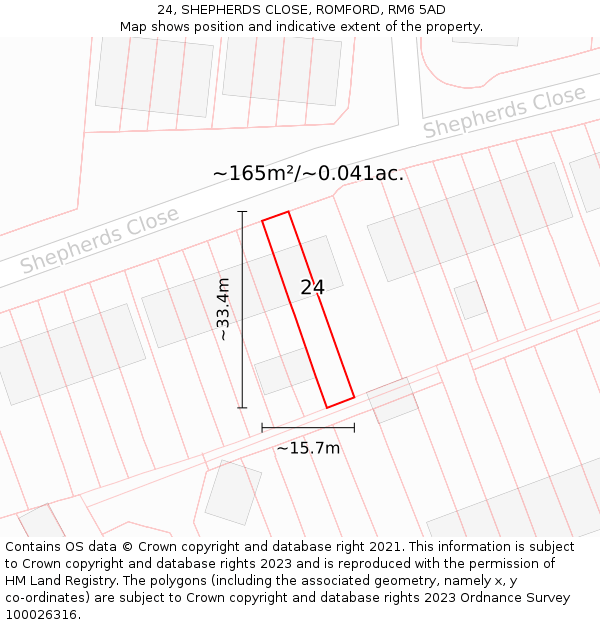 24, SHEPHERDS CLOSE, ROMFORD, RM6 5AD: Plot and title map