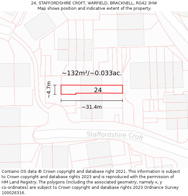 24, STAFFORDSHIRE CROFT, WARFIELD, BRACKNELL, RG42 3HW: Plot and title map
