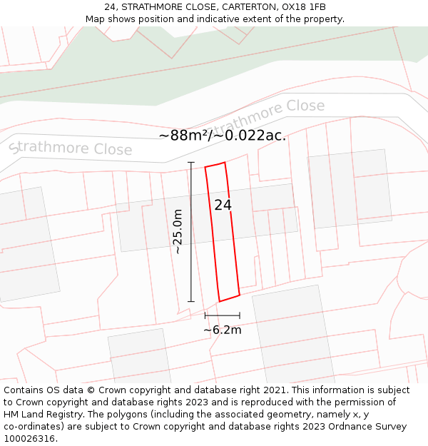 24, STRATHMORE CLOSE, CARTERTON, OX18 1FB: Plot and title map