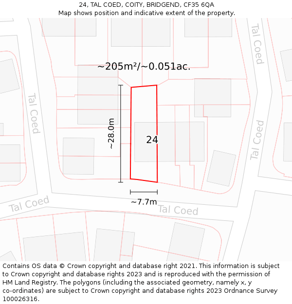24, TAL COED, COITY, BRIDGEND, CF35 6QA: Plot and title map