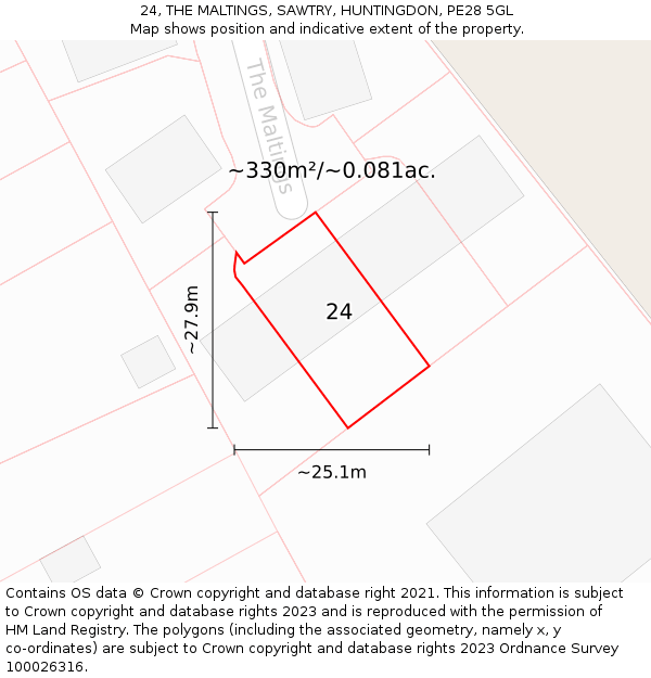 24, THE MALTINGS, SAWTRY, HUNTINGDON, PE28 5GL: Plot and title map