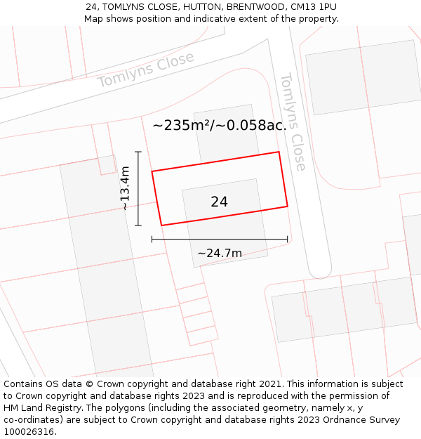 24, TOMLYNS CLOSE, HUTTON, BRENTWOOD, CM13 1PU: Plot and title map