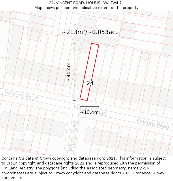 24, VINCENT ROAD, HOUNSLOW, TW4 7LJ: Plot and title map