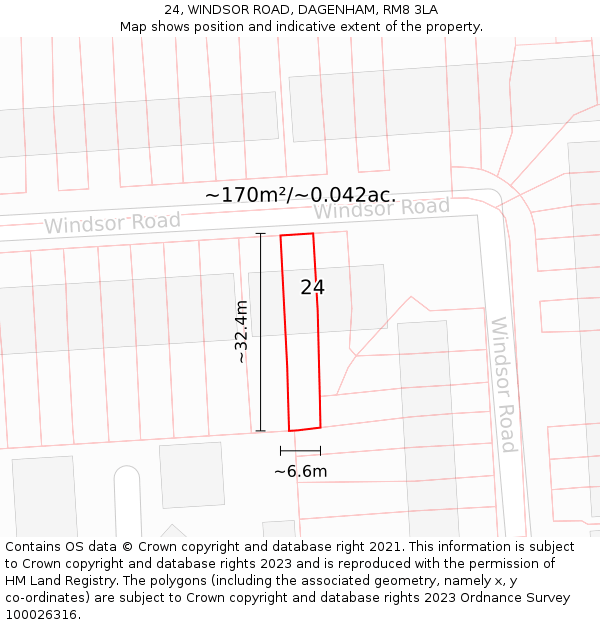 24, WINDSOR ROAD, DAGENHAM, RM8 3LA: Plot and title map