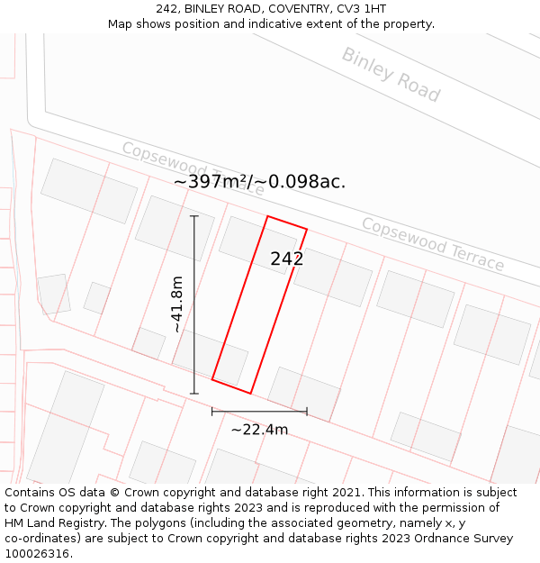 242, BINLEY ROAD, COVENTRY, CV3 1HT: Plot and title map