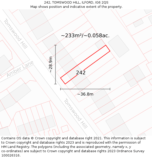 242, TOMSWOOD HILL, ILFORD, IG6 2QS: Plot and title map