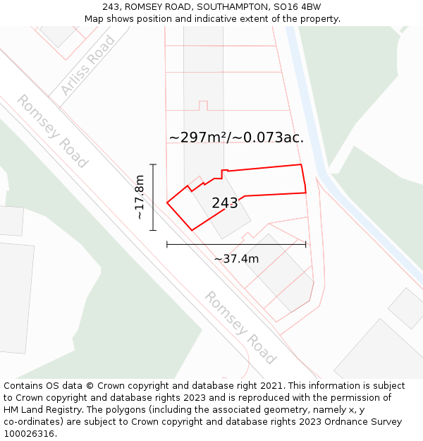 243, ROMSEY ROAD, SOUTHAMPTON, SO16 4BW: Plot and title map