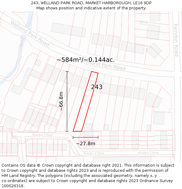 243, WELLAND PARK ROAD, MARKET HARBOROUGH, LE16 9DP: Plot and title map