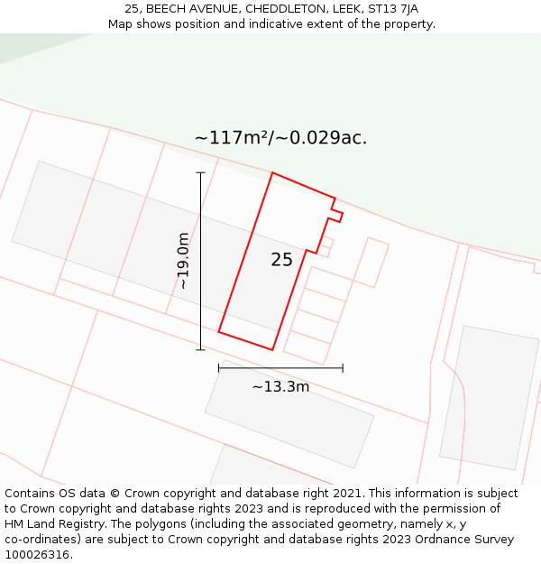 25, BEECH AVENUE, CHEDDLETON, LEEK, ST13 7JA: Plot and title map