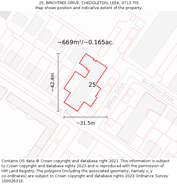 25, BIRCHTREE DRIVE, CHEDDLETON, LEEK, ST13 7FE: Plot and title map