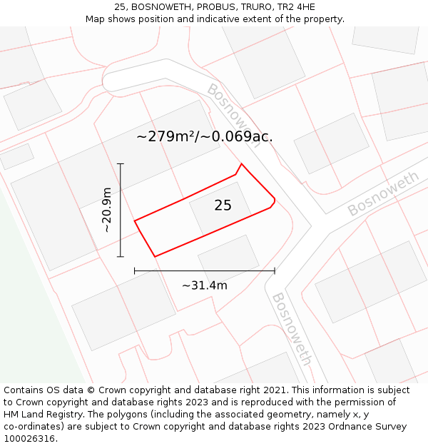 25, BOSNOWETH, PROBUS, TRURO, TR2 4HE: Plot and title map