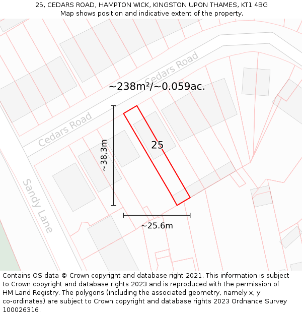 25, CEDARS ROAD, HAMPTON WICK, KINGSTON UPON THAMES, KT1 4BG: Plot and title map