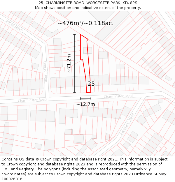 25, CHARMINSTER ROAD, WORCESTER PARK, KT4 8PS: Plot and title map