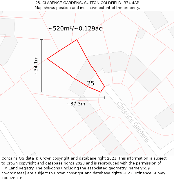 25, CLARENCE GARDENS, SUTTON COLDFIELD, B74 4AP: Plot and title map