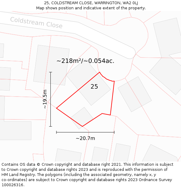 25, COLDSTREAM CLOSE, WARRINGTON, WA2 0LJ: Plot and title map