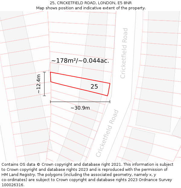 25, CRICKETFIELD ROAD, LONDON, E5 8NR: Plot and title map