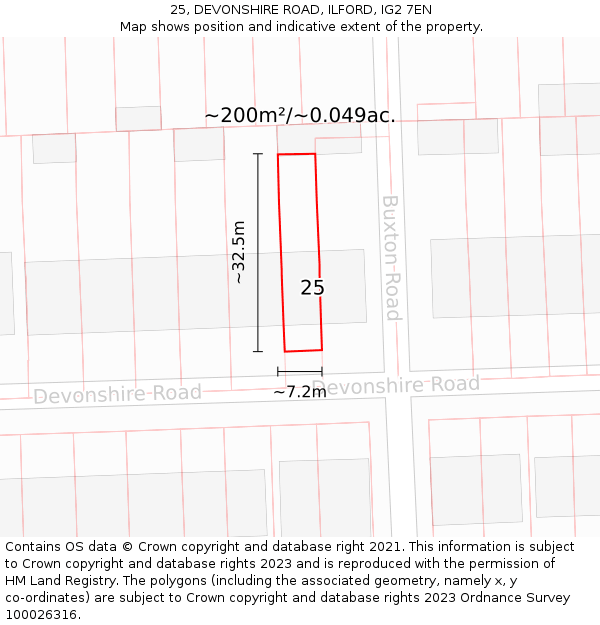 25, DEVONSHIRE ROAD, ILFORD, IG2 7EN: Plot and title map