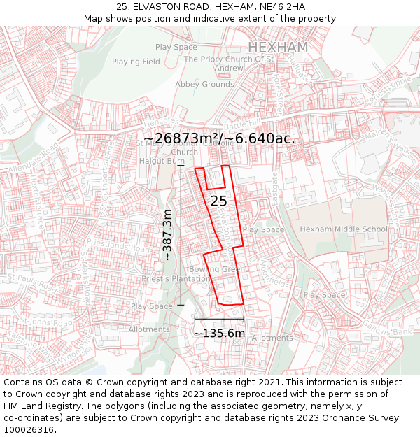 25, ELVASTON ROAD, HEXHAM, NE46 2HA: Plot and title map