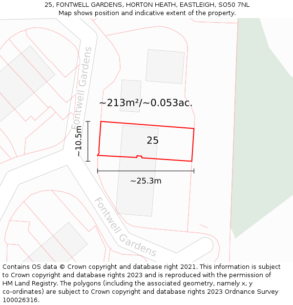 25, FONTWELL GARDENS, HORTON HEATH, EASTLEIGH, SO50 7NL: Plot and title map