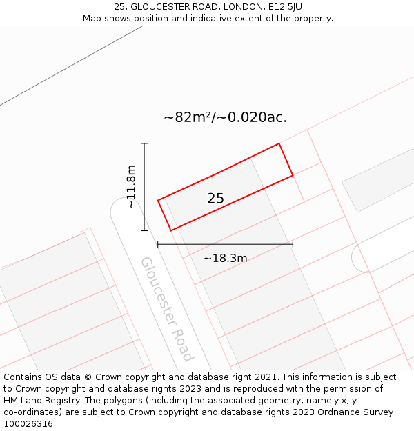 25, GLOUCESTER ROAD, LONDON, E12 5JU: Plot and title map