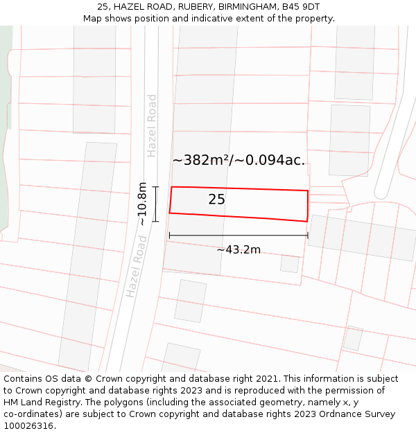 25, HAZEL ROAD, RUBERY, BIRMINGHAM, B45 9DT: Plot and title map