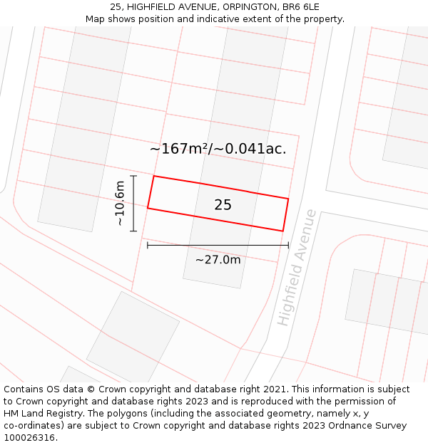 25, HIGHFIELD AVENUE, ORPINGTON, BR6 6LE: Plot and title map