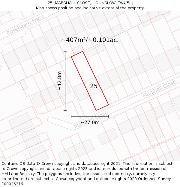 25, MARSHALL CLOSE, HOUNSLOW, TW4 5HJ: Plot and title map