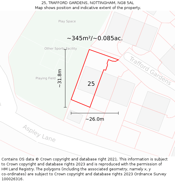 25, TRAFFORD GARDENS, NOTTINGHAM, NG8 5AL: Plot and title map