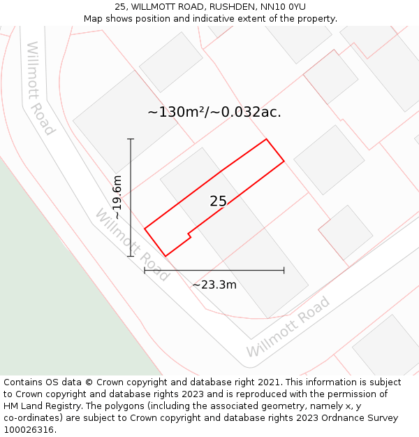 25, WILLMOTT ROAD, RUSHDEN, NN10 0YU: Plot and title map