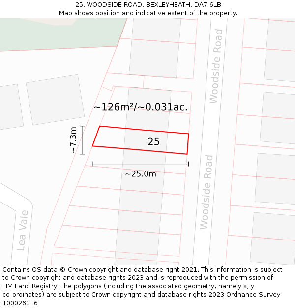 25, WOODSIDE ROAD, BEXLEYHEATH, DA7 6LB: Plot and title map