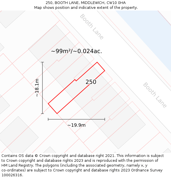 250, BOOTH LANE, MIDDLEWICH, CW10 0HA: Plot and title map