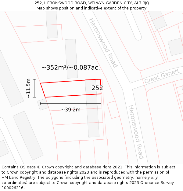 252, HERONSWOOD ROAD, WELWYN GARDEN CITY, AL7 3JQ: Plot and title map