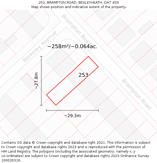 253, BRAMPTON ROAD, BEXLEYHEATH, DA7 4SS: Plot and title map