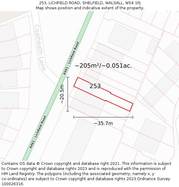 253, LICHFIELD ROAD, SHELFIELD, WALSALL, WS4 1PJ: Plot and title map