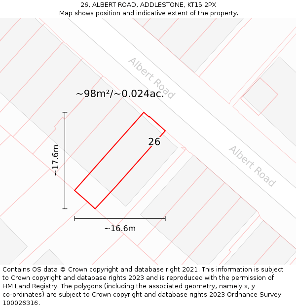 26, ALBERT ROAD, ADDLESTONE, KT15 2PX: Plot and title map