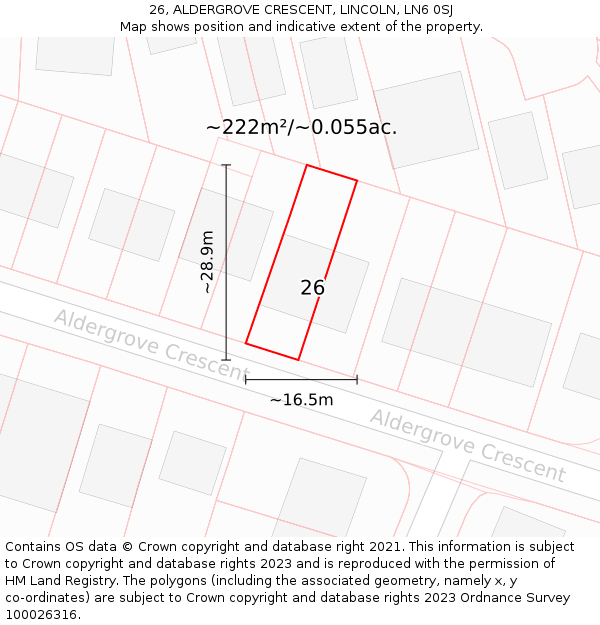 26, ALDERGROVE CRESCENT, LINCOLN, LN6 0SJ: Plot and title map