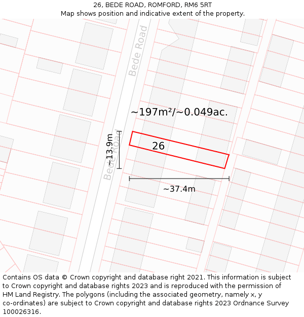 26, BEDE ROAD, ROMFORD, RM6 5RT: Plot and title map