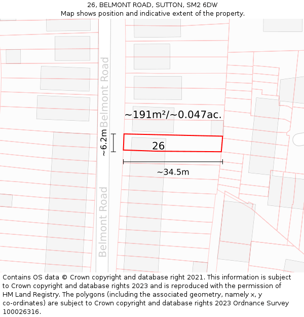 26, BELMONT ROAD, SUTTON, SM2 6DW: Plot and title map